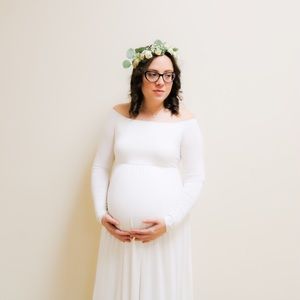 PinkBlush Ivory Solid Off Shoulder Maternity Maxi Dress